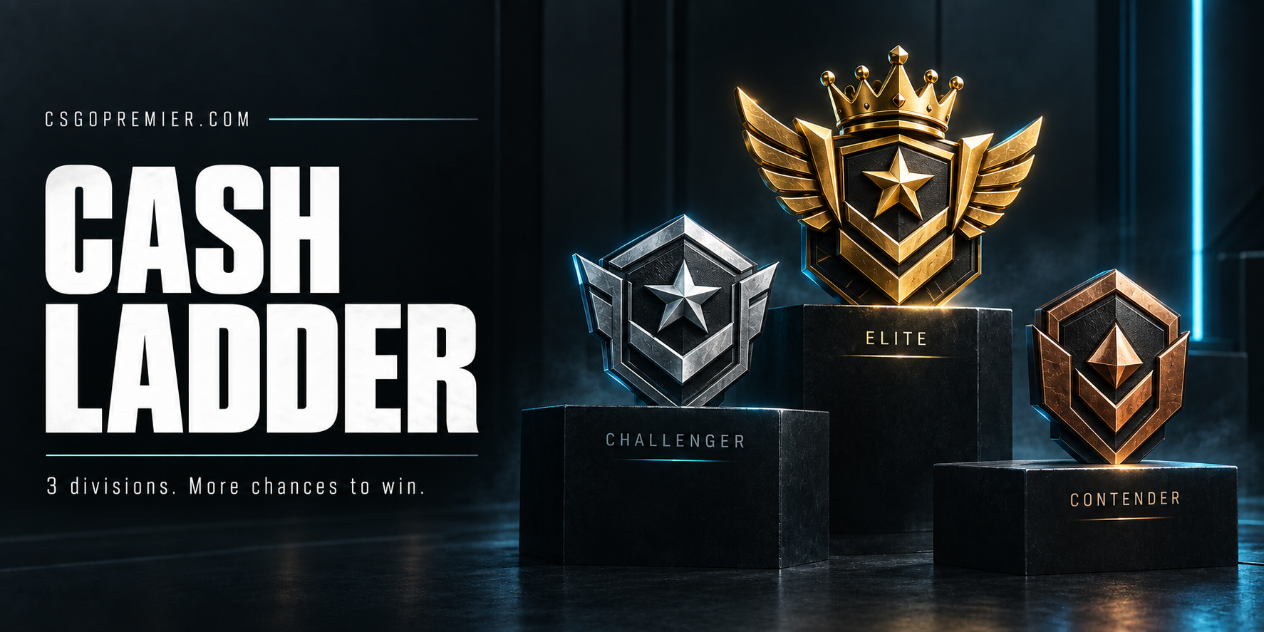 CSGOPremier Cash Ladder: Elite, Challenger and Contender rank emblems on dark podiums