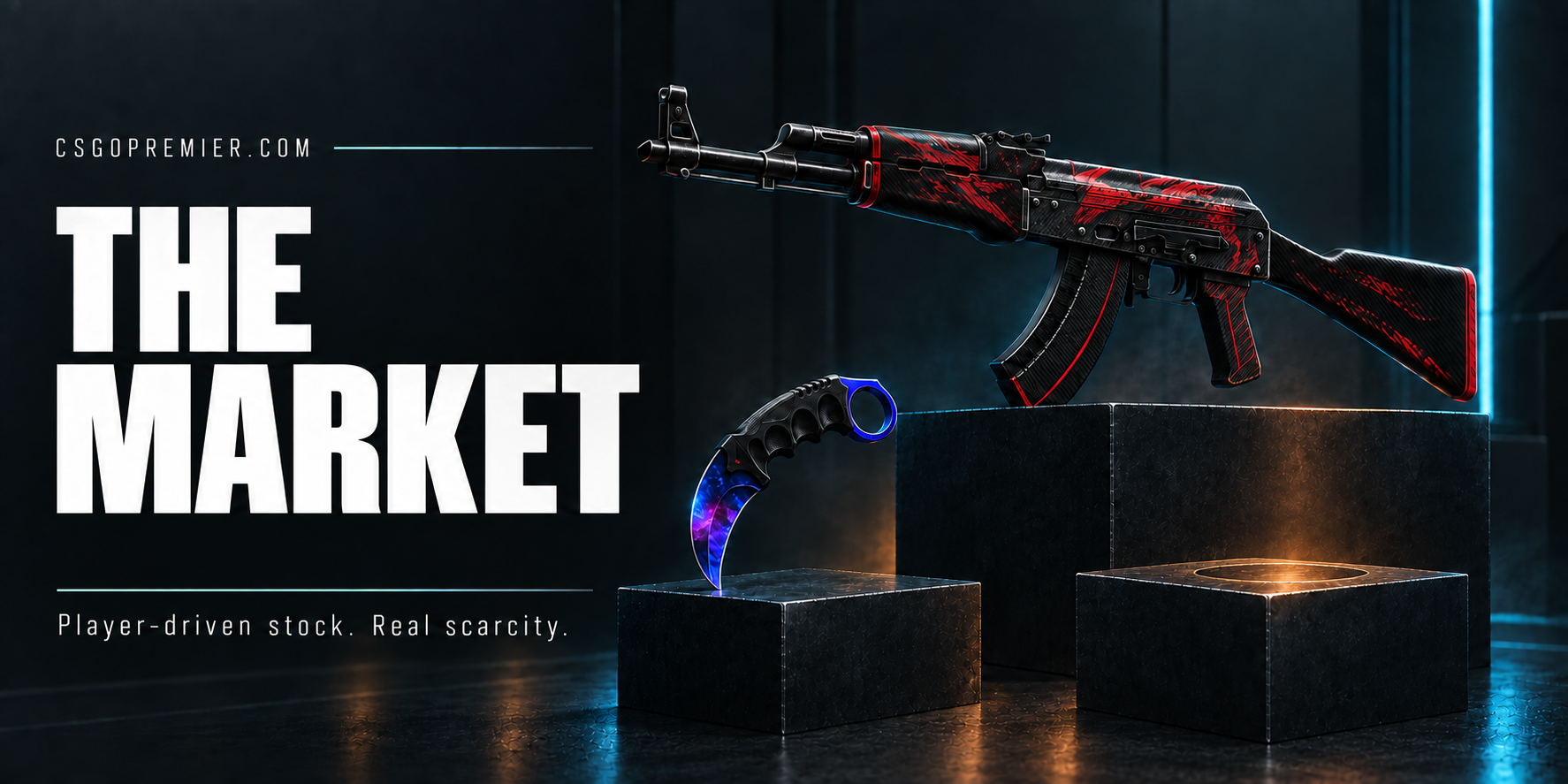 CSGOPremier The Market: an AK-47 and a blue-purple Karambit beside an empty display stand, with the words Player-driven stock. Real scarcity.
