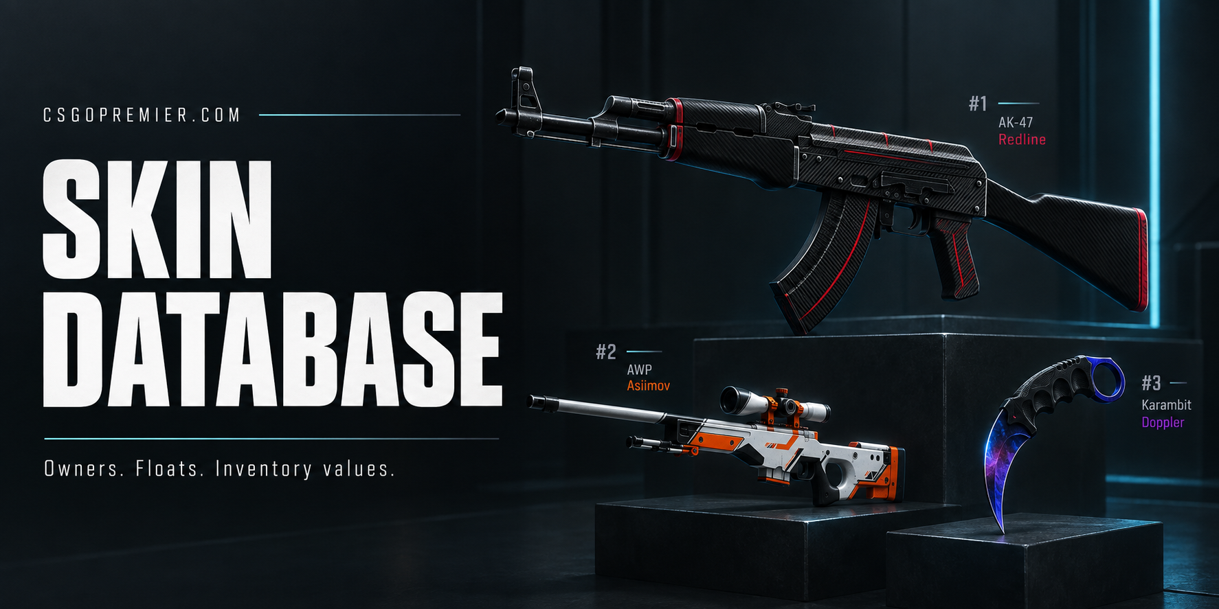 CSGOPremier Skin Database banner with an AK-47 Redline, AWP Asiimov and Karambit Doppler