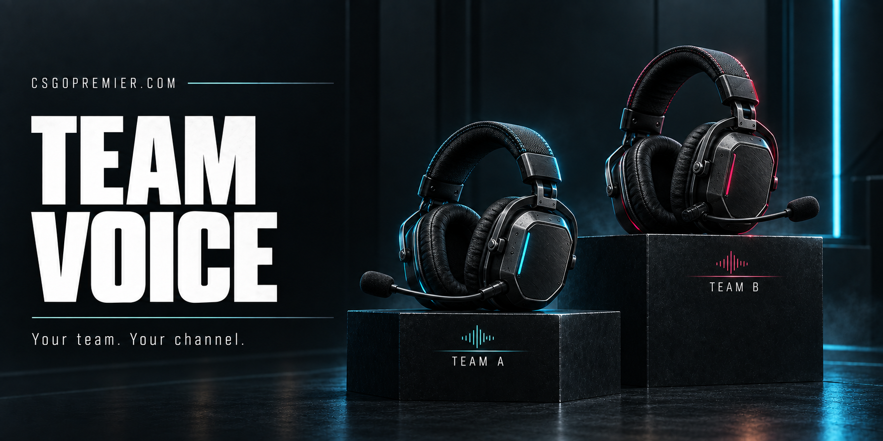 CSGOPremier Team Voice: cyan and pink tactical headsets on separate Team A and Team B podiums
